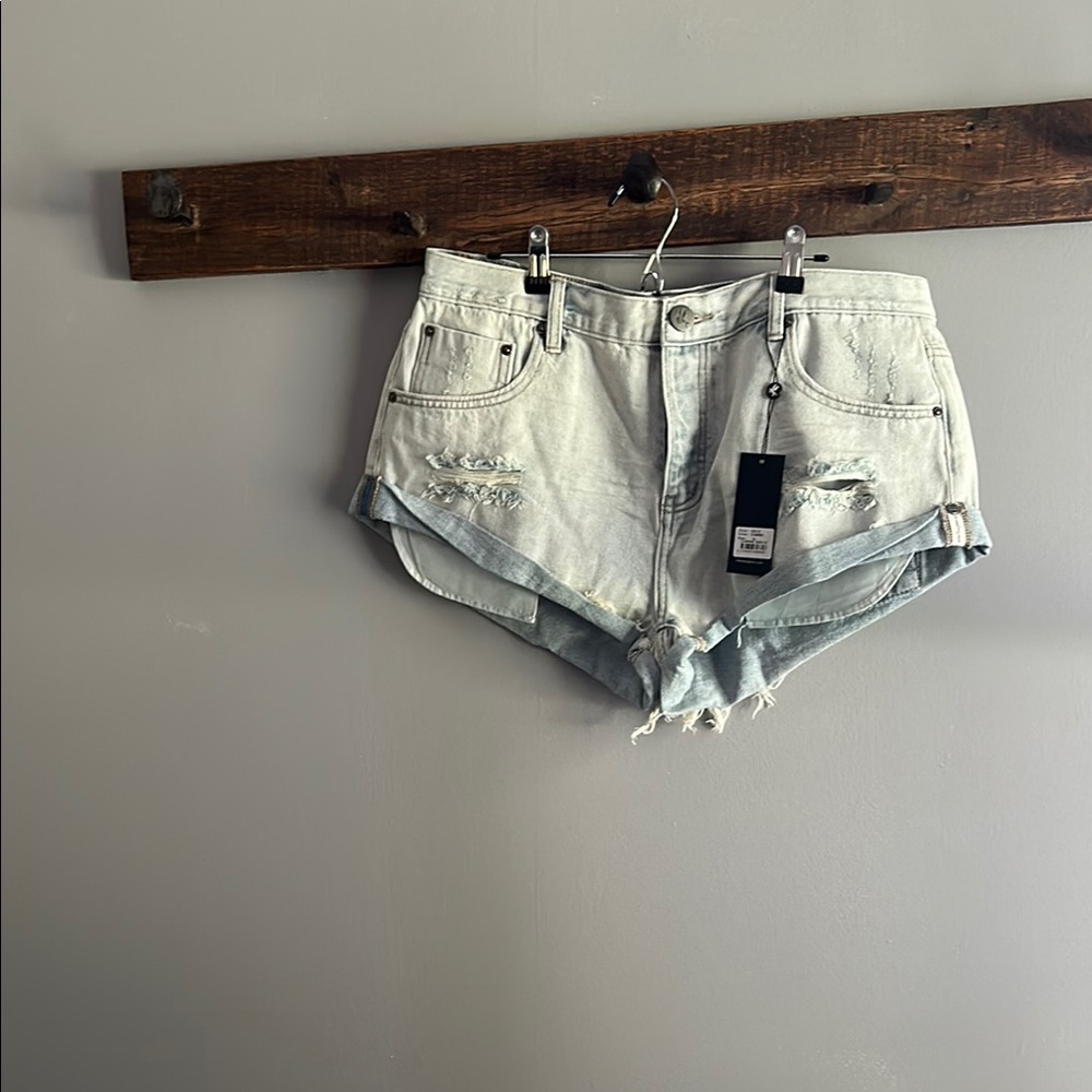 One Teaspoon Blue Distressed Jean Shorts with Frayed Hem